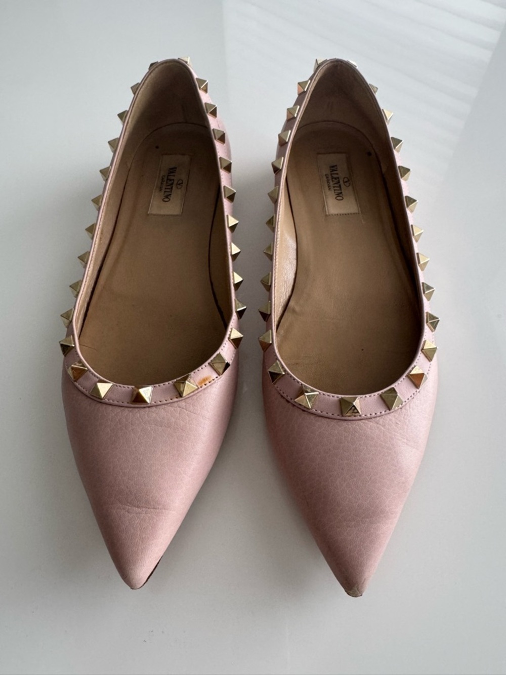 Valentino Garavani Blush Pink Leather Rockstud Pointed Flats